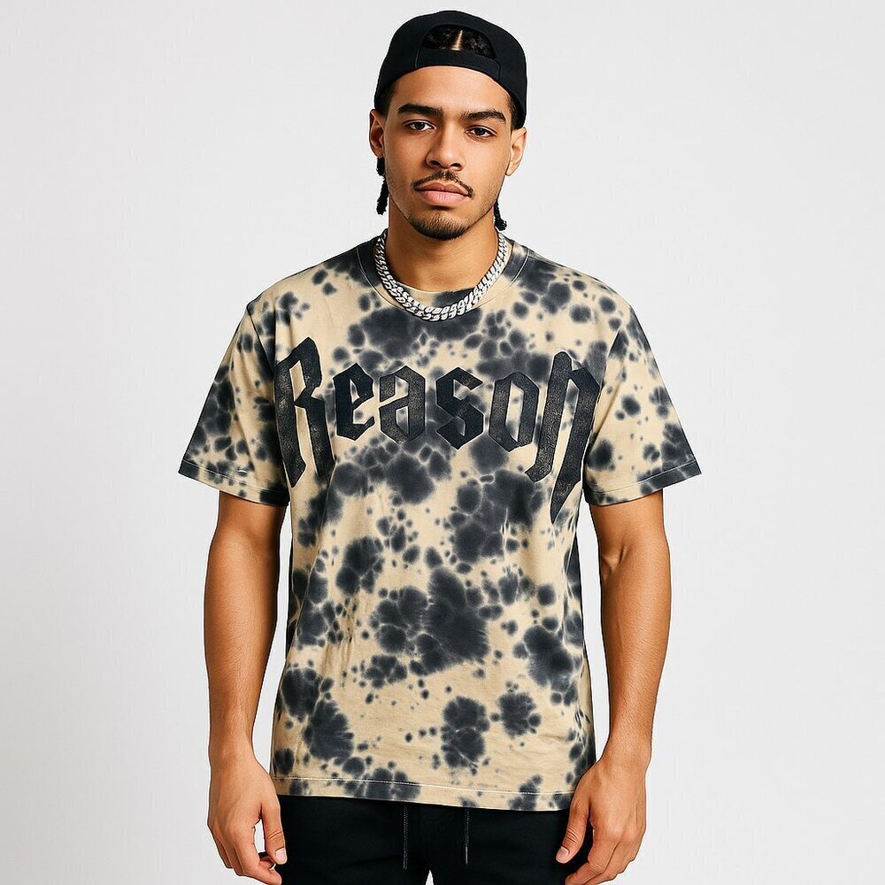 🌪️ Reason Tie-Dye Logo Tee, Gothic “Reason” Graphic (M), Black/Beige Streetwear
